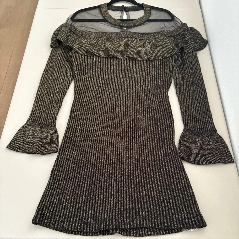 Venus Metallic Gold Ribbed Knit Ruffle Mesh Dress XL Bell Sleeve Mock Neck Party